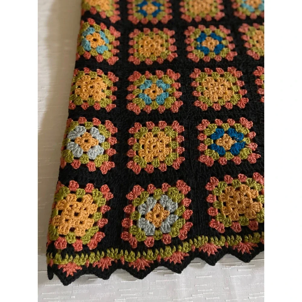 Vintage Handmade Crochet Granny Blanket Black Multi Color Retro Throw 28x36